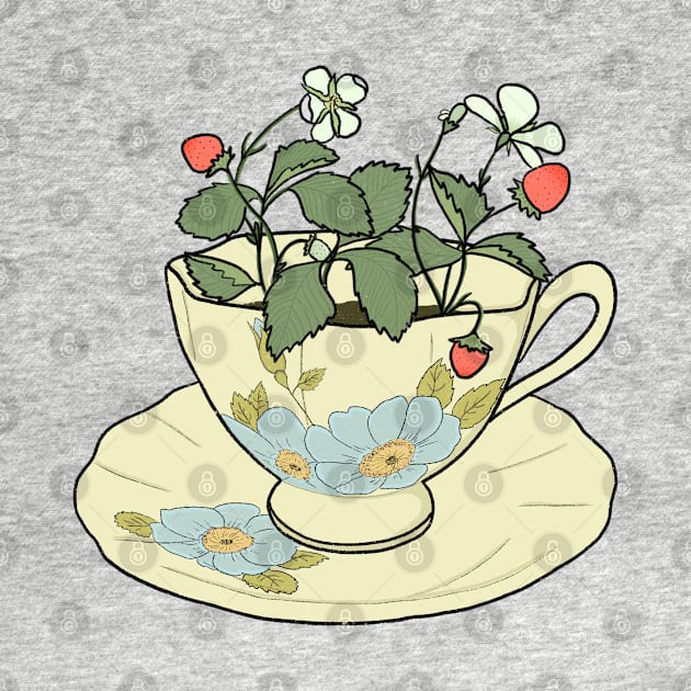 cottagecore strawberry plant growing in a floral pastel tea cup by JuneNostalgia